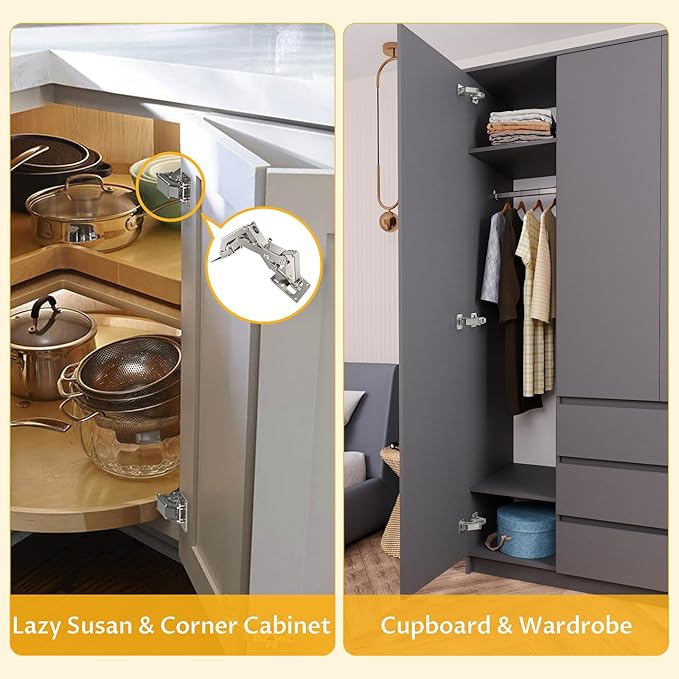 Chibery 4 Pack 170 Degree Soft Close Cabinet Hinges, Slow Smooth Hidden Frameless Lazy Susan Hinge, Concealed Hardware Surface Mount, Lid Support Trap Door, Self Closing for Corner, Kitchen Cupboard