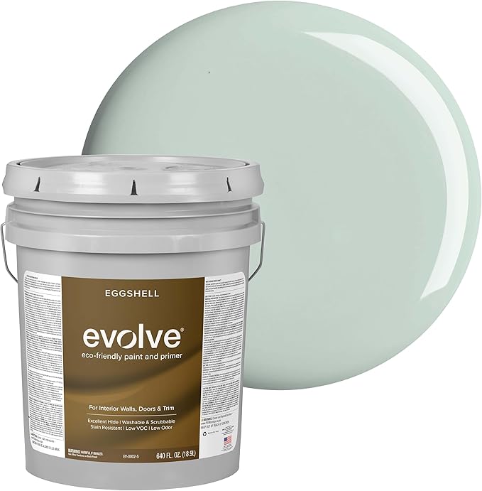 EVOLVE Interior Paint & Primer, Eggshell (Greenhouse), 5 Gallon – One-Coat Coverage, Excellent Hide, Low VOC, Low Odor, Washable Paint for Walls, Doors & Trim