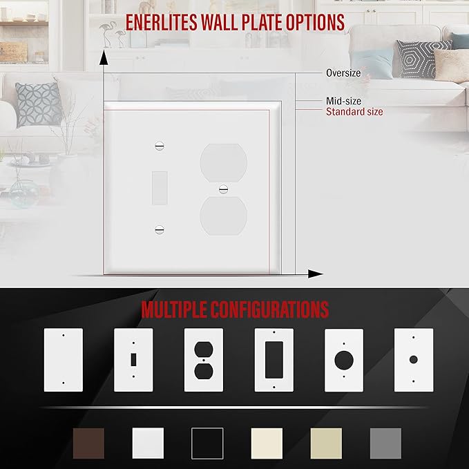 ENERLITES Combination Toggle Light Switch/Duplex Receptacle Outlet Wall Plate Cover, Midway Size 2-Gang 4.88" x 4.92", Polycarbonate Thermoplastic, UL Listed, 881121M-W, White