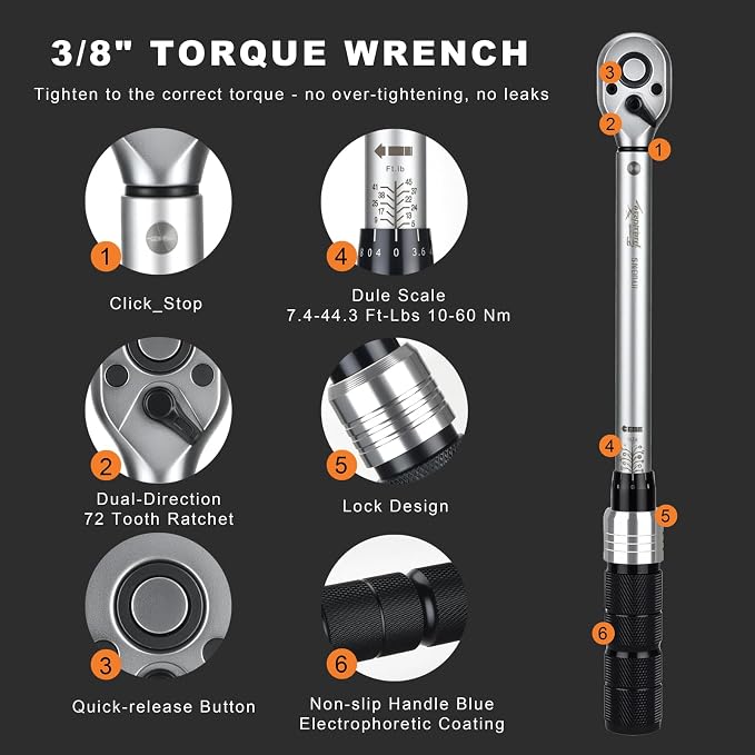 AEROFORCE 14PCS 3/8-Inch Drive Swivel Magnetic Spark Plug Socket Set with 3/8" Torque Wrench (5-45 Lb.ft/6.8-61.2 Nm), Universal Joint & Extension Bar - Durable CR-V Steel for Easy Spark Plug Removal