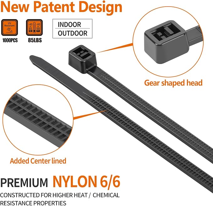 14 Inch Zip Ties 1000 Pack, 85 LBS Tensile Strength, Self-Locking UV Resistant Cable Ties for Indoor and Outdoor