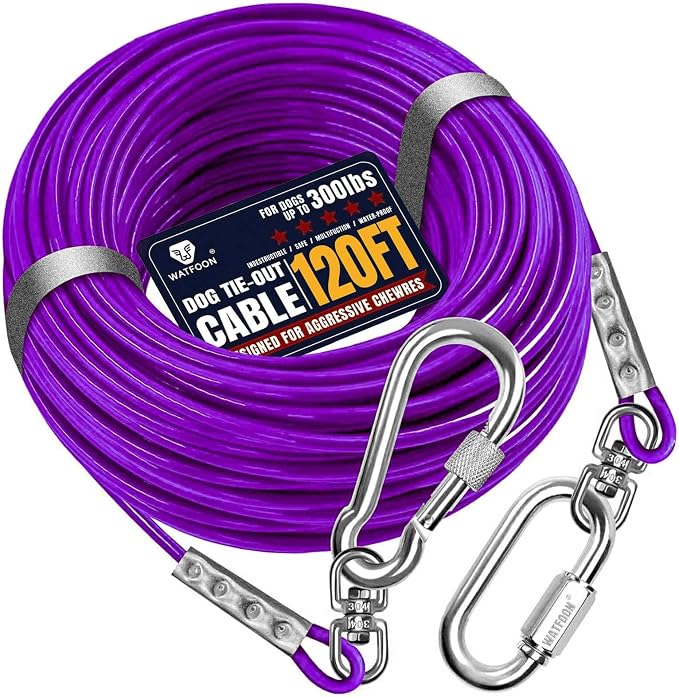 Tie Out Cable for Dogs Up to 300lbs, 120ft Extra Strong 1000lbs Break Strength Tie-Out Tether Trolley Training Lead,Dog Run Cable for Yard Garden Park Camping Outside (Purple, 300lbs 120ft)