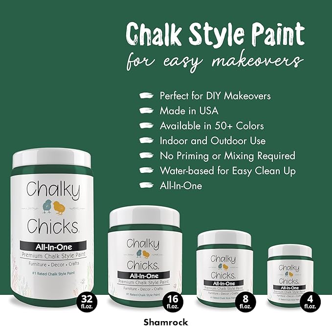 Chalky Chicks 4 Fl Oz Matte Shamrock (Dark Green) Chalk Paint for Furniture Without Sanding - No Prep Furniture Paint No Sanding All in One for Crafts, Wood, Walls, Cabinet, Metal, Dresser, Farmhouse