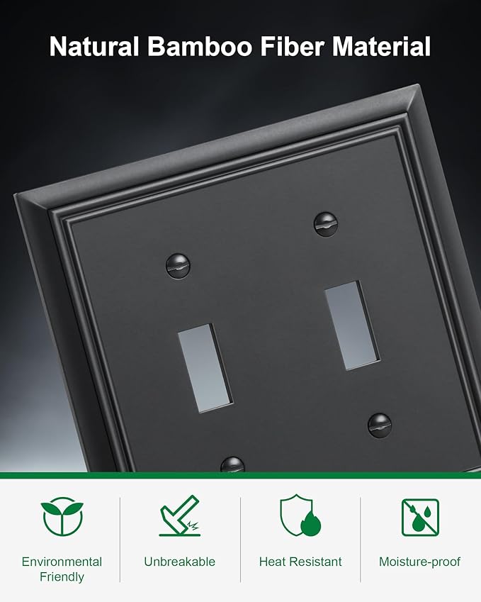 2-Pack Double Toggle Light Switch Cover Plate, Durable Natural Bamboo Fiber Decorative Switch Plate Covers, Matte Black 2 Gang Wall Plate, Corrosion Resistant