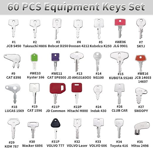 60PCS No-Duplicate Heavy Equipment Keys Master Set, Cat Key Set, Construction Ignition Key for CAT JLG Case JD Hyster