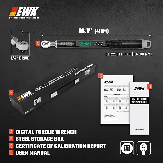 1/4" Drive Digital Angle Torque Wrench 1.1-22.1 ft-lbs (1.5-30 Nm) | ±1.5% clockwise / ±2.5% counterclockwise and angle accuracy of ±2%, LCD Display, LED Buzzer Vibration Alert, 30 Memory Values