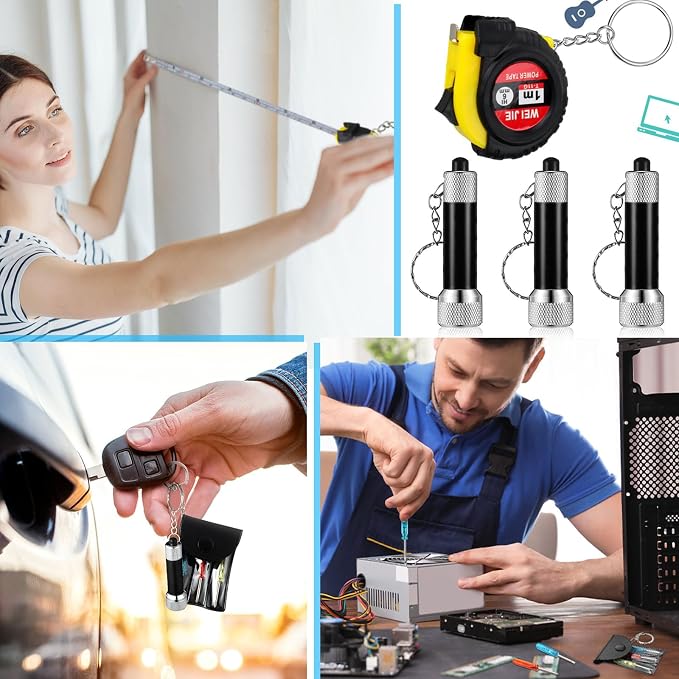 Jutom 18 Pcs Mini Tape Measure Keychain Screwdriver LED Light Keychain Bulk Men Adult Tool Party Gifts Prize for Man Father's Day Housewarming Gifts Adult Useful Tool Favors (Black)