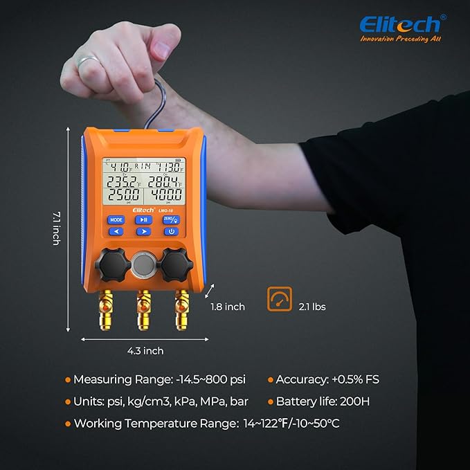 Elitech LMG-10Plus 2-Way Digital Manifold, HVAC Refrigerant Pressure Gauge for Superheat/Subcooling, with Temp Clamps and R410A Adapter, Supports 88 Refrigerants