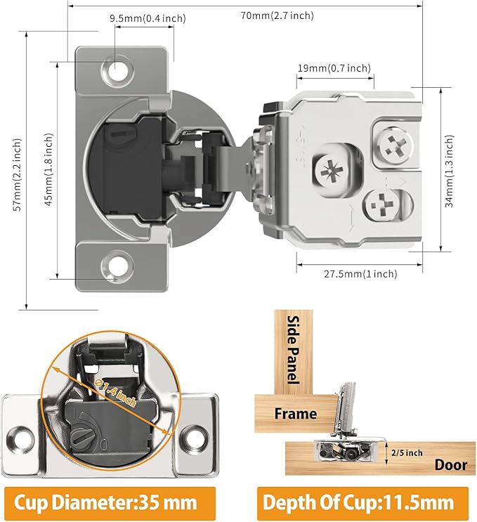 Chibery 2 Pack 1-5/16" Overlay 4D Soft Close Concealed Hinges for Face Frame Door, Adjustable Closing Speed, Smooth Slow Self Close Hinges, Satin Nickel, 105° Open Angle Stainless Steel Cabinet Hinges