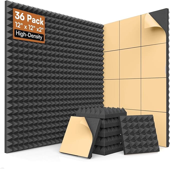 SD SODOCT 36 Pack 12 x 12 x 2 Inches Pyramid Acoustic Foam Panels, High Density Acoustic Foam, Self-Adhesive Sound Proof Foam Panels for Walls, Fire Resistant, Studio Wall & Ceiling Panels, Black