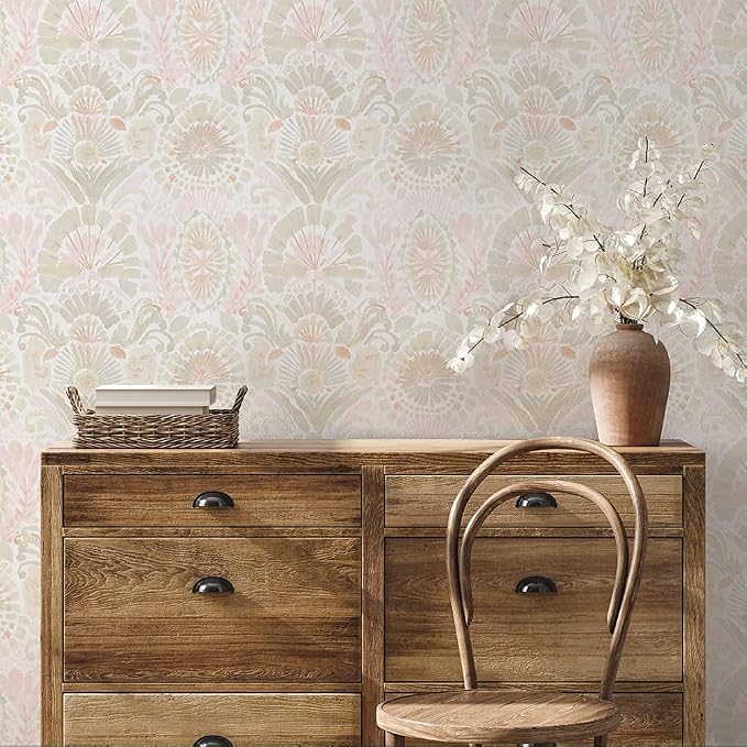 Tempaper Pink Bohemia Damask Removable Peel and Stick Boho Wallpaper, 20.5 in X 9 ft, Made in the USA