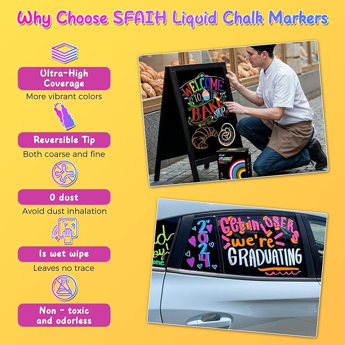 SFAIH Liquid Chalk Markers for Blackboard - Vibrant 24 Colors 6mm Reversible Tip, Wet Erase Marker for Chalkboard, Menu, Bistro, Signs, Windows, Glass, Labels, [1s Wet Wipe] - No Residue