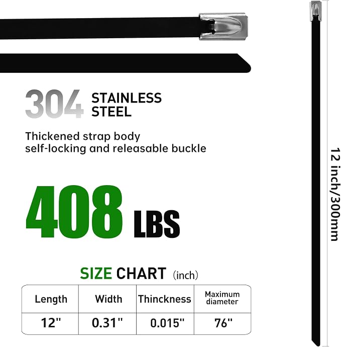 MasiStran Metal Zip Ties 200 Pack 12 Inch, 304 Stainless Steel 408LBS Heavy Duty Zip Ties Black - Self-Locking Cable Ties for Exhaust Wrap，Chain Link Fence Parts, Outdoor Farms,Pipes