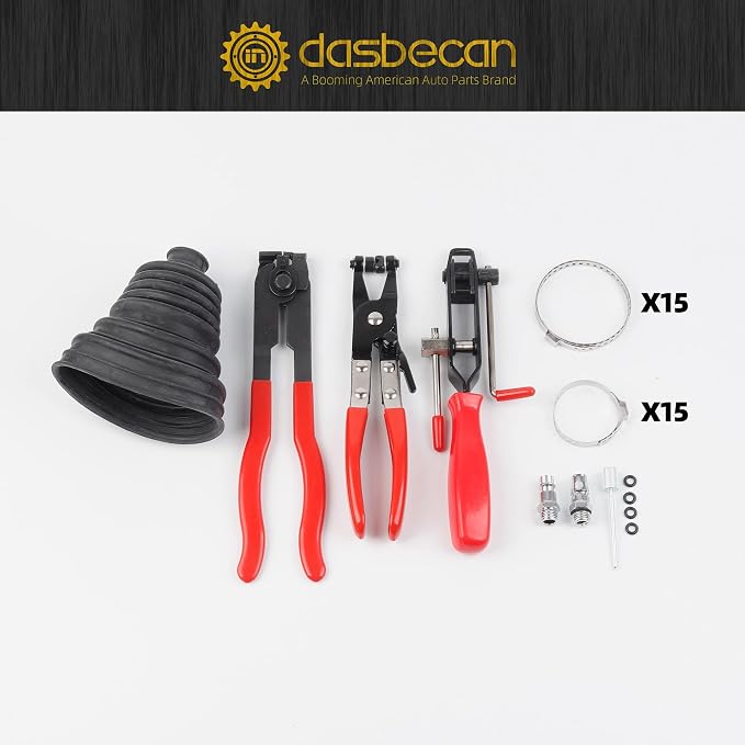 Dasbecan Upgraded Pneumatic CV Boot Expander Tool, CV Boot Clamp Tool Kit | Black Universal CV Axle Boot Spreader with 3 CV Joint Boot Clamp Pliers , 1 Boot, 15 Clamps and 4 1/4" NPT Air Hose Nipple