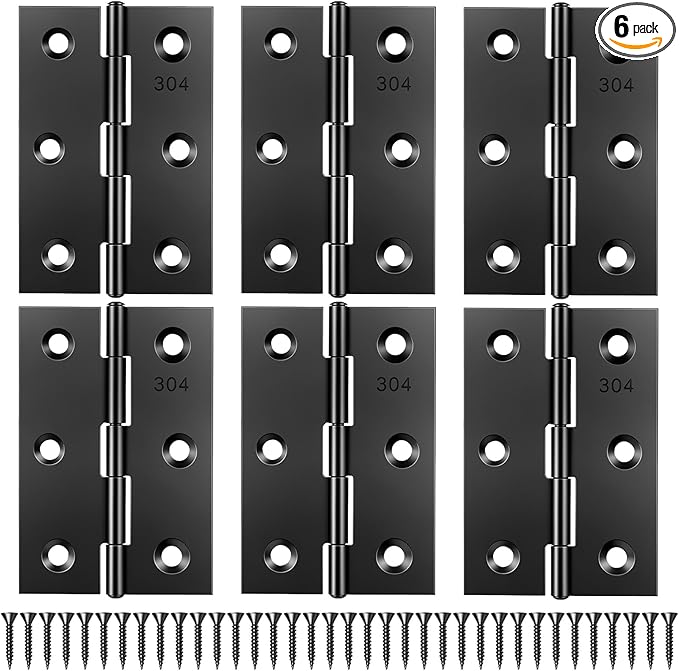 JJUNW 6 Pcs 3 Inch Black Door Hinges, Stainless Steel Folding Butt Hinge with 36 Screws, Cabinet Hinges Small Hinge Hardware for Door, Furnitures, Cabinet,Cupboard, Dressers