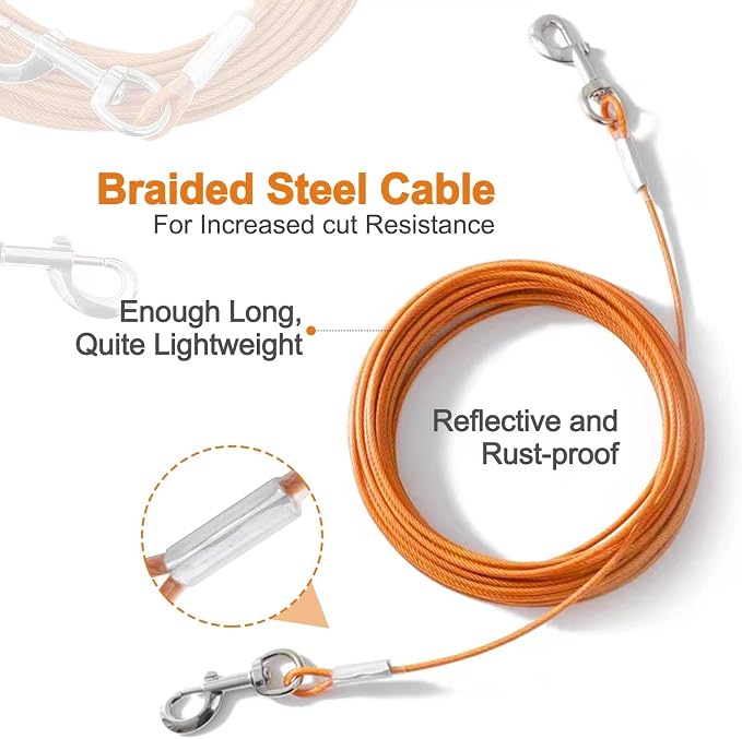 Tie Out Cable for Dogs,10/20/30/50/100FT Dog Leads for Yard Chew Proof,Heavy Duty Tie Out Cable for Large Dogs Up to 125lbs,Dog Runner Tether (Orange, 125Ibs 100ft)