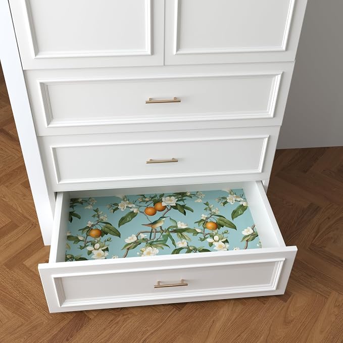 Blue Bird Wallpaper Peel and Stick, Vintage Floral Lemon Fruit Contact Paper, Self Adhesive Removable Retro Botanical Wall Paper Mural for Room Walls Shelves Cabinet Table Drawer Decor 17.5" x 78.7"