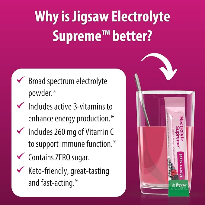 Jigsaw Health Electrolyte Supreme | Broad Spectrum of Electrolytes + Trace Minerals | Berry-Licious Flavor | 60 Servings (Packets)