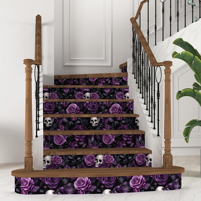 Gothic Dark Purple Skull Floral Wallpaper Peel and Stick 17.5"x118" | Self Adhesive/Removable/Waterproof/Thick Vinyl Vintage Contact Paper for Bathroom Bedroom Shelf Cabinet Drawer,Prepasted