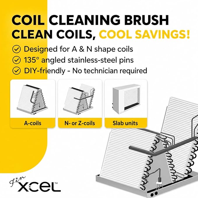 Coil Cleaning Brush for HVAC & AC – Evaporator & Condenser Coil Cleaner Tool, 135° Stainless Steel Pins, Heavy-Duty for Tight Spaces, Safe for Delicate Fins, ACME Pole Compatible