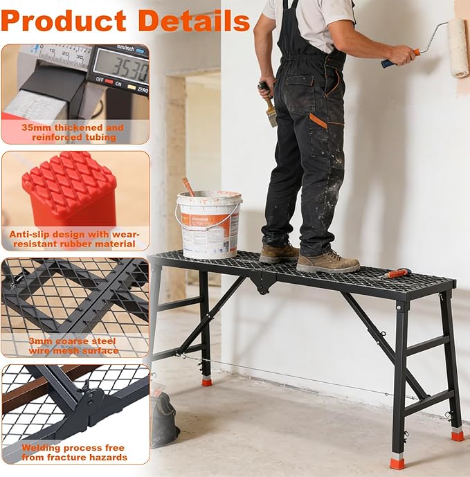 Foldable Scaffolding Platform, 70.9x15.8x35.8-61.4 Inch Heavy Duty Portable Work Platform with Adjustable Legs, 770 Lbs Capacity Platform Ladder for Stairs & Uneven Ground, Home Improvement