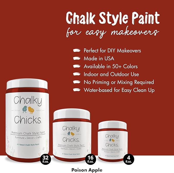 Chalky Chicks 16 Fl Oz Matte Poison Apple (Dark Red) Chalk Paint for Furniture Without Sanding - No Prep Furniture Paint No Sanding All in One for Crafts, Walls, Cabinet, Metal, Dresser, Farmhouse