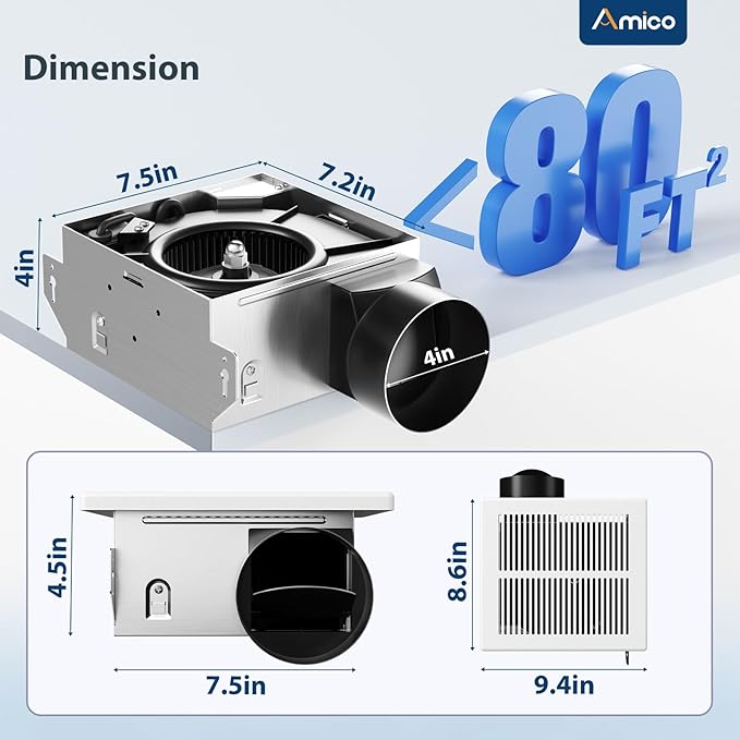 Amico Bathroom Exhaust Fan 2 Pack, 80 CFM, 1.0 Sones, Low Noise, Ceiling Mounted Retrofit Ventilation Fans, No Attic Access Needed- UL Certified