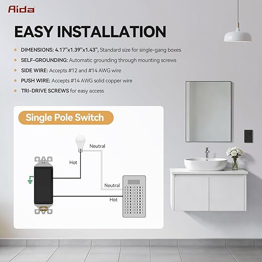 AIDA 4 Pack Single Pole Rocker Decora Light Switch, 15 Amp Self-grounding Electrical Light Switches, Residential Grade, UL Listed, Matte Black
