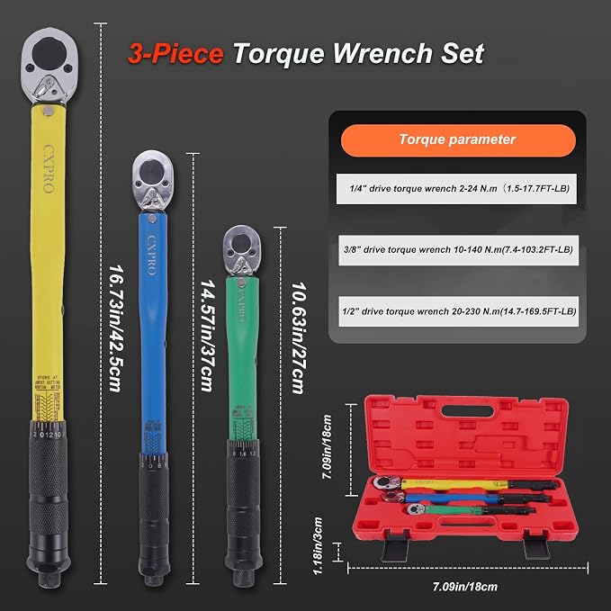 3Pcs Click Torque Wrench Set For Bike, Car, Motorcycle & DIY | 1/4", 3/8" & 1/2" Drive ±4% Accuracy, 72-Tooth Dual-Direction Adjustable Ratchet, 2-230N.m Dual Scale