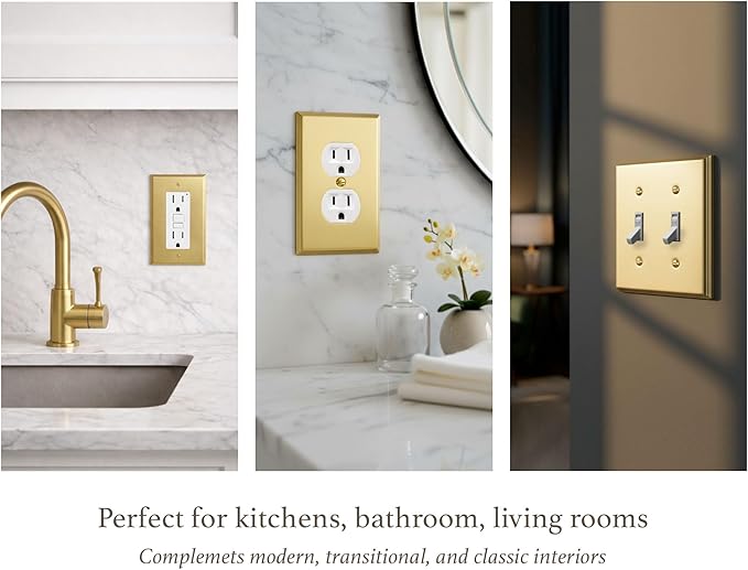 Rio Salto Outlet Covers Duplex Receptacle Wall Plate Electrical Outlet Cover 5 Pack 1 Gang BRASS Brushed Brass Gold Metal Decorative Wall Plates — Deco Collection, Standard Size, 4.50" X 2.75"