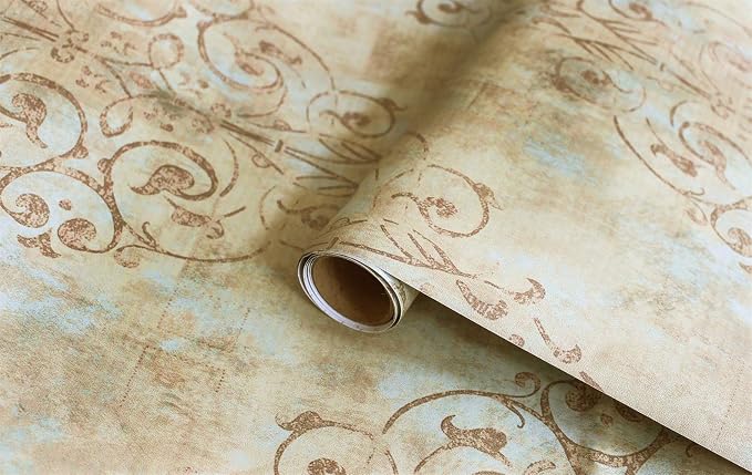 HAOKHOME Vintage French Damask Peel and Stick Wallpaper Deep Yellow/Mist Blue/Brown Vinyl Self Adhesive Wall Paper Design for Walls Bathroom Bedroom Home Decor 17.7in x 32.8ft
