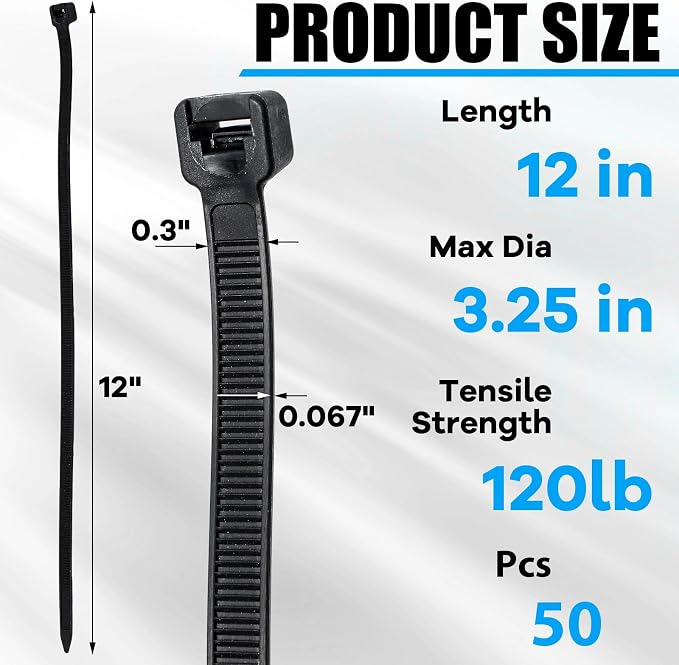 Reallnaive 50 Pcs 12 Inch Zip Ties Heavy Duty 120 Lbs Tensile Strength Black Nylon Wire Cable Ties for Indoor Outdoor