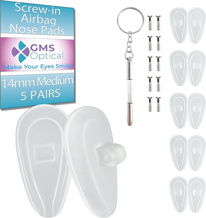 GMS Optical - 11mm Medium Wide Screw-in Round Soft Silicone Nose Pads for Glasses, Sunglasses, Glasses Repair Kit, Keep Glasses from Sliding and Improve Comfort (10 Pair)