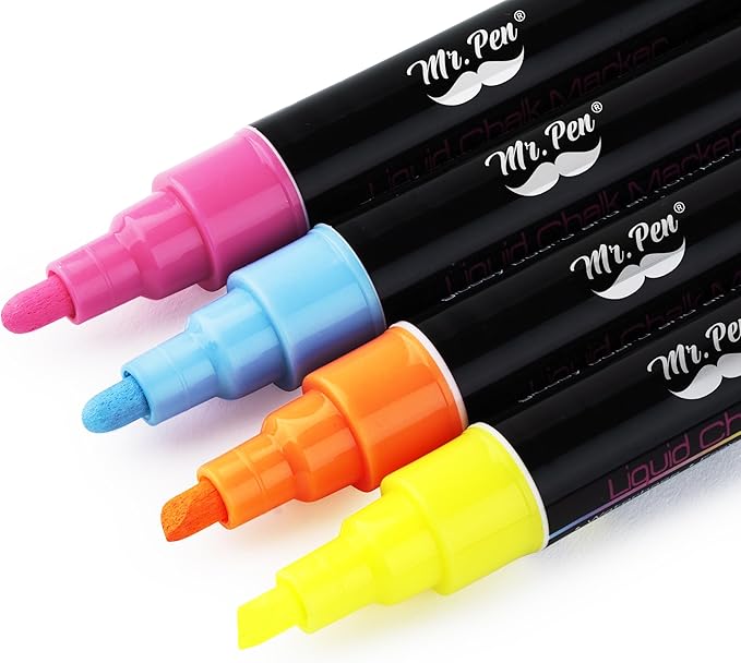 Mr. Pen- Liquid Chalk Markers, 6 Pack, Reversible Tip, Vibrant Colors, Erasable Chalk Marker, Non-Toxic Water-Based Chalkboard Markers for Window and Glass, Washable Window Paint Marker