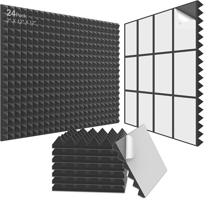 JBER 24Pack Pyramid Sound Proof Foam Panels, 2" X 12" X 12" Self-Adhesive Acoustic Wall Paddings for Home Office Studios (Black)