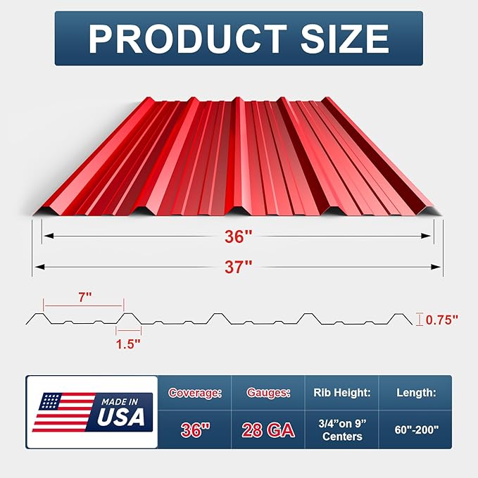 50 Pack PPGI Metal Roofing Panels, 66" x 36", 28 Gauge, 825 Sq. Ft. Coverage, Prepainted Galvanized Steel Sheets for Residential, Commercial, Pergolas, Gazebos, Fencing, and Patio Roofs（Red）