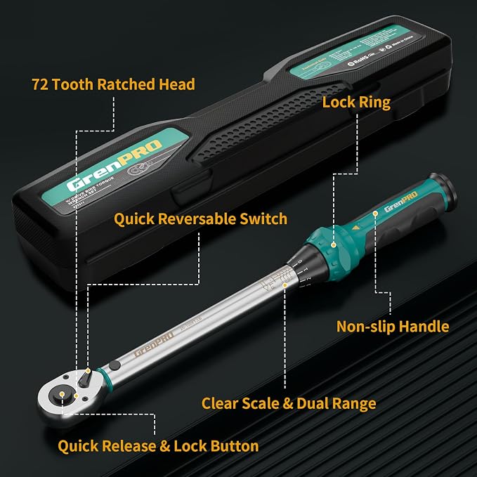 GRENPRO 1/2" Drive Click Torque Wrench 10–150 Ft.Lb – Dual-Direction Adjustable with Dual Range Scales, 72-Tooth Precision Ratchet, ±3% Accuracy – for Bike, Motorcycle, Car Repair & DIY Maintenance