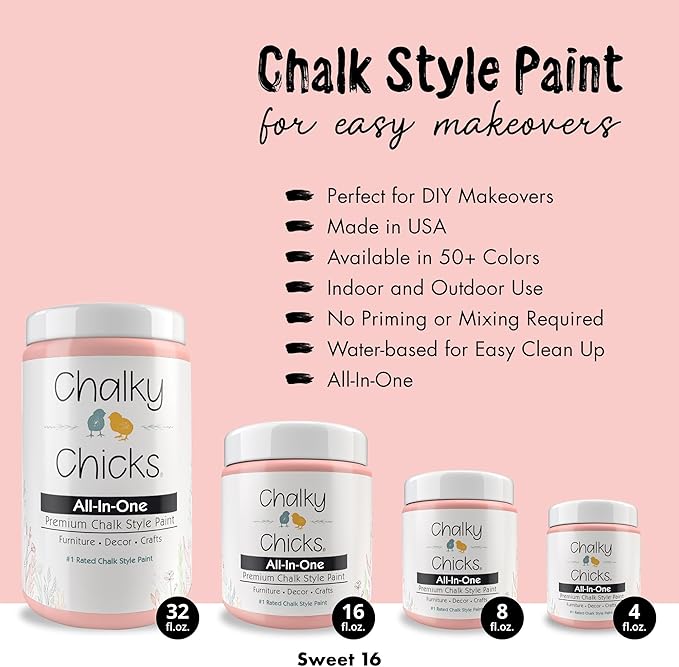 Chalky Chicks 4 Fl Oz Matte Sweet 16 (Pink) Chalk Paint for Furniture Without Sanding - No Prep Furniture Paint No Sanding All in One for Crafts, Wood, Cabinet, Walls, Metal, Dresser, Farmhouse