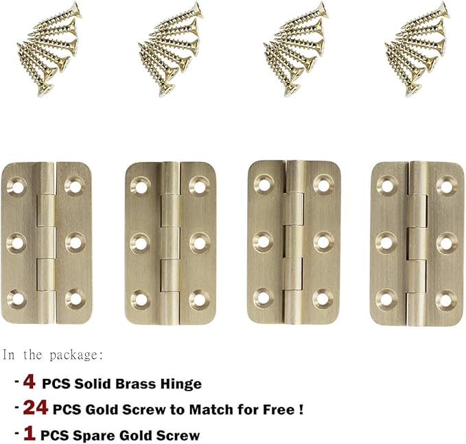 Keenkee 4 PCS Brushed Solid Brass Butt Hinges 2 Inch for Cabinet Doors, Trunks, Wood, Chest Lid, Crafts, Jewelry Box and Small Wooden Boxes, Furnitures, Round Corner Mortise Brass Hinge with Screws