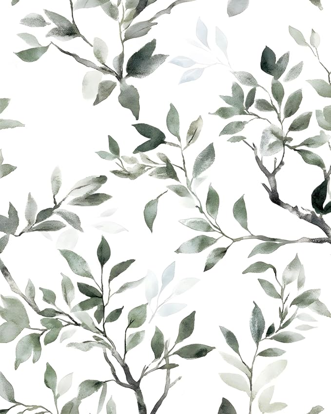 ILHIIOR Green Leaf Peel and Stick Wallpaper Boho Leaf Contact Paper White Floral Removable Self Adhesive Waterproof Wall Paper for Cabinet Drawers Wall Decor Renter Friendly 17.5''x118''