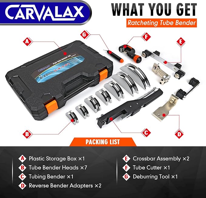 CAVALAX Aluminum Pipe Tube Bender Set with 7 Electroplated Bender Heads, for 1/4” to 7/8” O.D, 90° Ratcheting Tubing Bender w/Reverse Bending Adapters, for HVAC, Air Conditioning, and Heating Repair