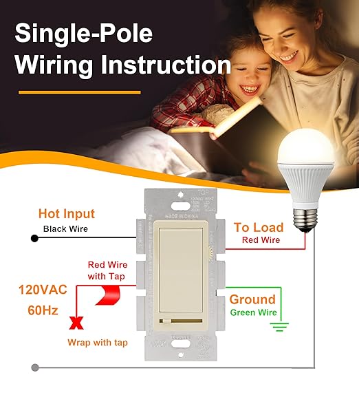 CLOUDY BAY in Wall Dimmer Switch for LED Light/CFL/Incandescent,3-Way Single Pole Dimmable Slide,600W max Incandescent,150W max Dimmable LED/CFL, Cover Plate Included,Almond,2 Pack