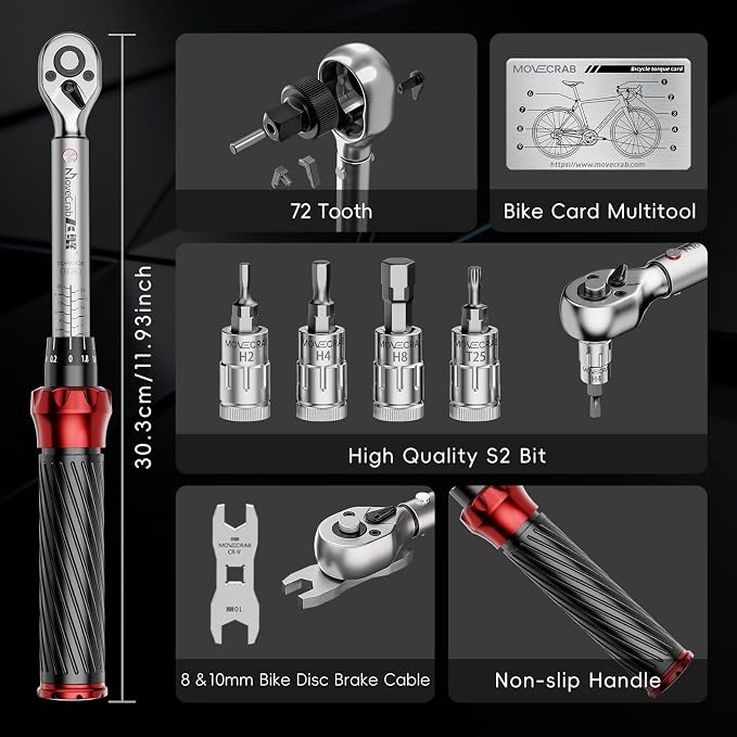 15pcs 1/4" Bike Click Torque Wrench Set, 3-25 N.m/2.21-18.43 Ft.lb | ±3% Bicycle Torque Wrench Kit with Hex & Torx Bits, 8/10 mm Brake Cable Wrench, for MTB, Road Bike & E-Bike Maintenance