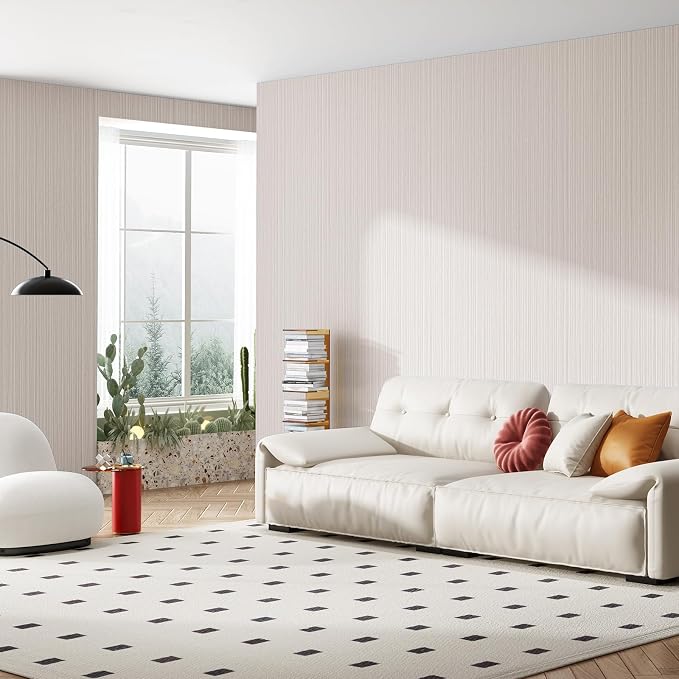 Beige Faux Grasscloth Wallpaper Peel and Stick Linen Textured 24"x394" Upgraded Thick Self-Adhesive Waterproof Neutral Decorative Contact Paper Vinyl Film Roll for Wall Bedroom Kitchen