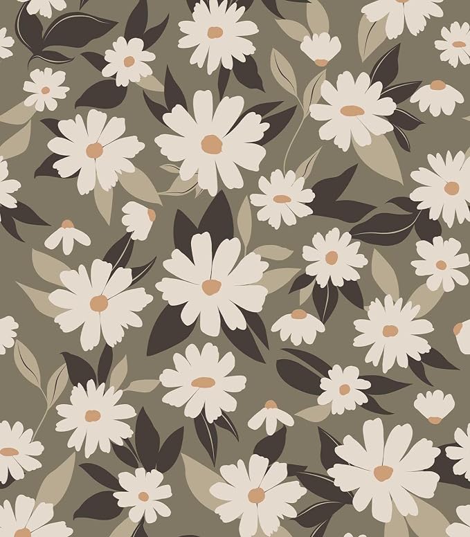 Floral Wallpaper Peel and Stick, Green Daisy Flower Removable Self Adhesive Wallpaper for Bedroom Bathroom Cabinet, 17.3‘’×78.7‘’