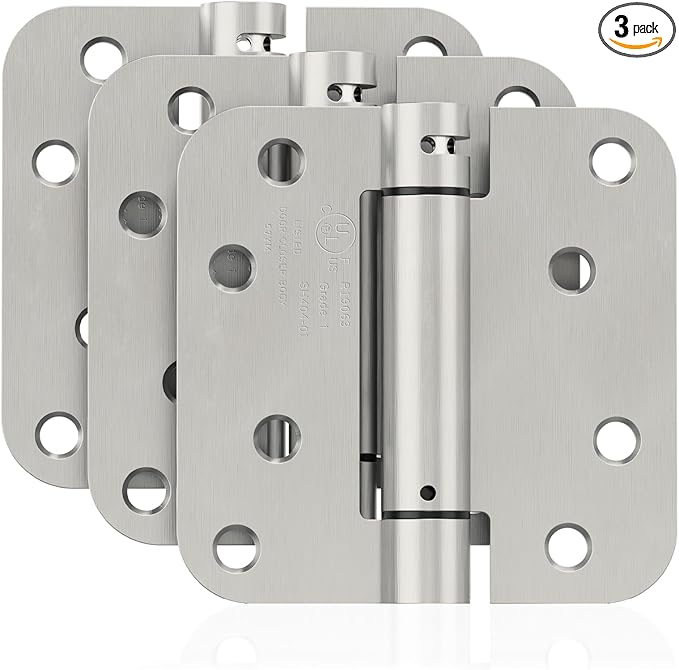 3 Pack Self Closing Door Hinges, 4 Inch Spring Loaded Door Hinges for Garage, Front, Back Door, Left/Right Hand, Adjustable Tension, 5/8'' Radius Corners, UL Listed, Brushed Nickel