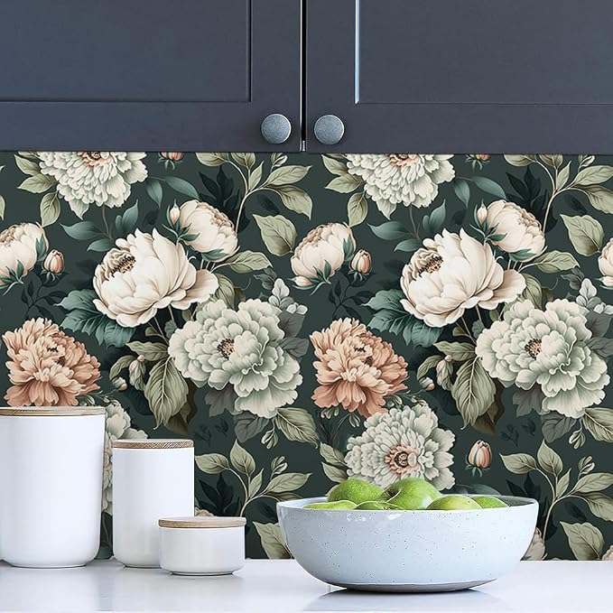 Dark Green White Peonies Vintage Floral Peel and Stick Wallpaper Wall Decor Self Adhesive Wall Paper Stick on Easy Peel Off Contact for Renter Apartment