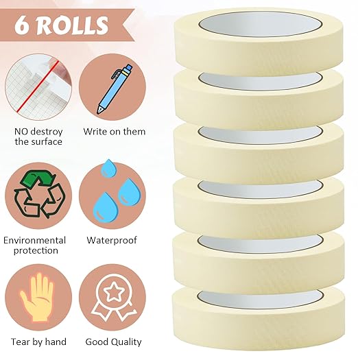 Fainne 6 Rolls Masking Tape Bulk General Purpose Masking Painting Tape 55 Yards for Painting Home Office School Stationery Arts Crafts Basic Use, Easy Removal (1 Inch)