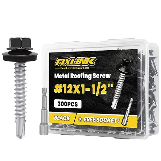 Metal Roofing Screws #12 x 1-1/2", 300 PCS, FIXLINK Baking Paint Hex Head Rubber Washer Sheet Metal Roof Screws Self Drilling Metal to Wood Siding Screws, Hex Socket Included, Black