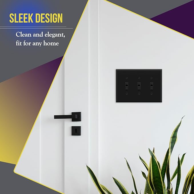 ENERLITES Triple Light Switch Wall Plate, Toggle Switch Plate, Gloss Finish, 3-Gang Mid-Size 4.88" x 6.77", Unbreakable Polycarbonate Thermoplastic, UL Listed, 8813M-BK, Black